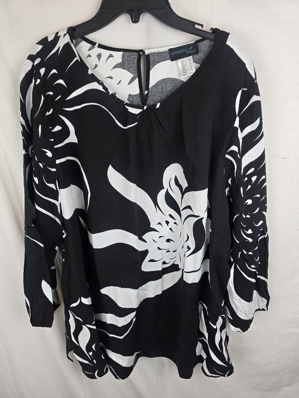 NWOT Creation L Black & White Floral Long Sleeve Blouse Sz 14